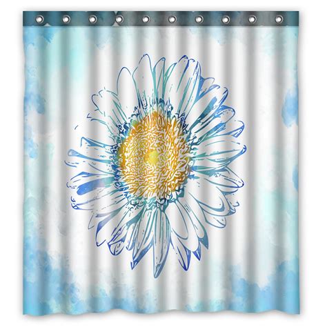 Phfzk Watercolor Shower Curtain Daisy Flower Floral Blue Polyester