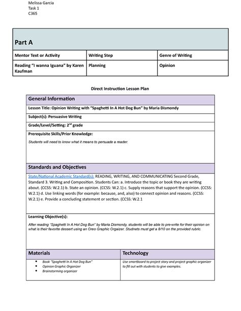 Task 1 Lesson Plan For Visual And Performing Arts Task 1 Lesson Plan