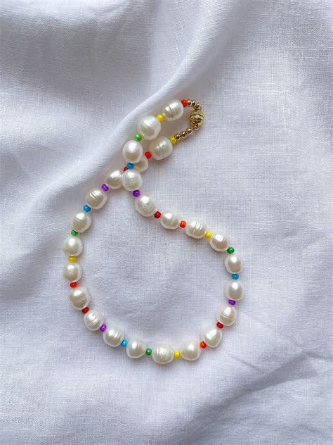 Chunky Freshwater Pearl And Rainbow Necklace Large Pearl Etsy Women