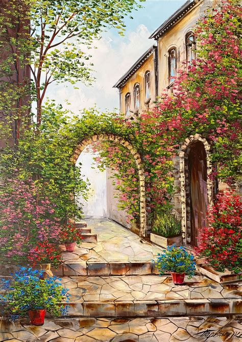 Italian Garden Villa Original Home Wall Art Italy Patio Flowers