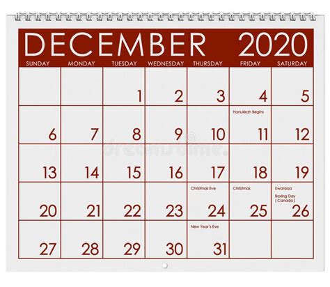 2020 Calendario Mese Di Dicembre Illustrazione Di Stock