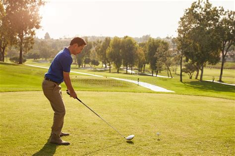 Male Golfer Lining Up Tee Shot On Golf Course Stock Image Image Of
