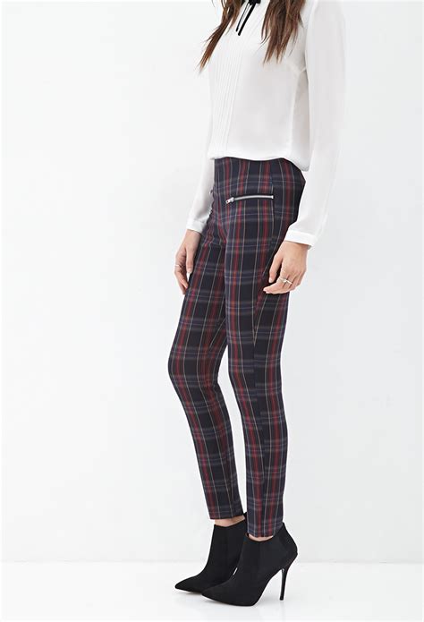 Forever 21 Zippered Tartan Plaid Pants In Navyred Blue Lyst
