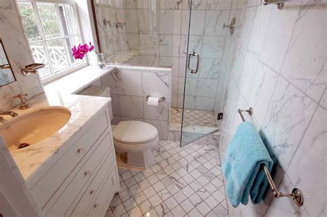 Marble in a shower that can get damaged easily, especially if it not well cared for. Small Marble Bathroom - Transitional - bathroom - The Wills Company