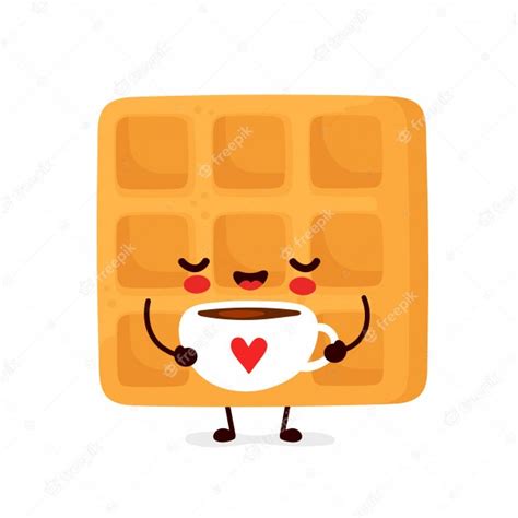 Premium Vector Cute Happy Funny Belgian Waffle Drink Coffee Cartoon
