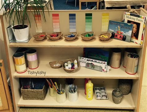 Art area with resources to select and return. | Creative area