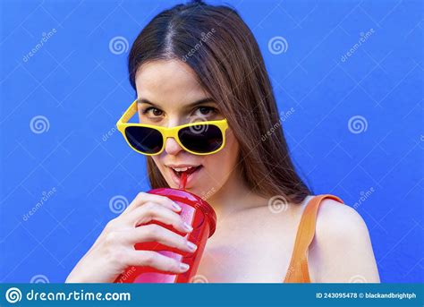Close Up Pov Portrait Of Young Beautiful Woman With Sunglasses Standing