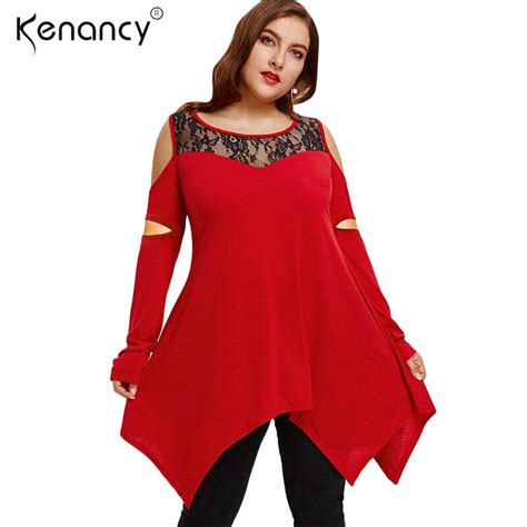 Kenancy 5xl Plus Size Sexy Cold Shoulder Asymmetrical Lace Panel Red T