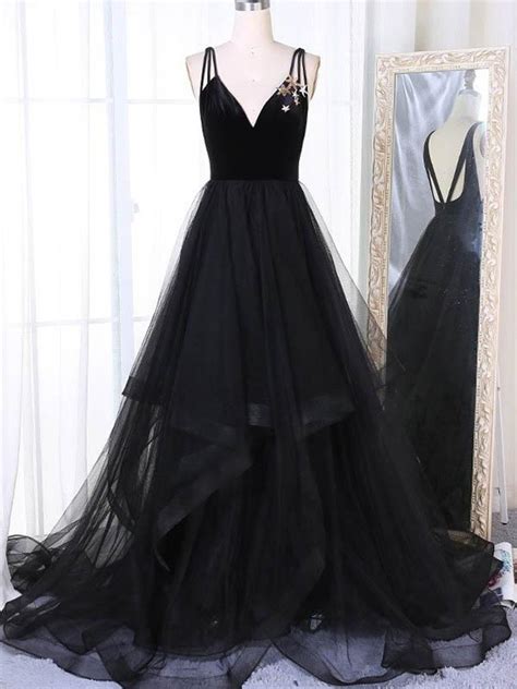 V Neck Formal Gown For Women Evening Black Wedding Guest Dress Layered