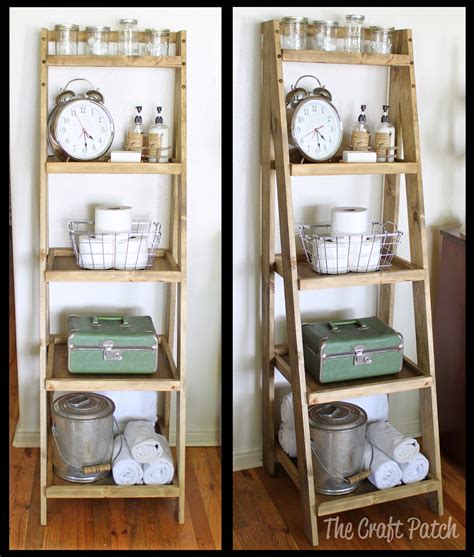 The bottom shelf is just perfect for baskets, and the upper shelves are perfect for decor or toiletries. DIY Ladder Shelf Bathroom Storage - thecraftpatchblog.com
