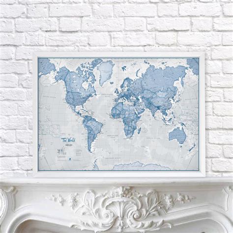Medium The World Is Art Wall Map Blue Pinboard And Wood Frame White