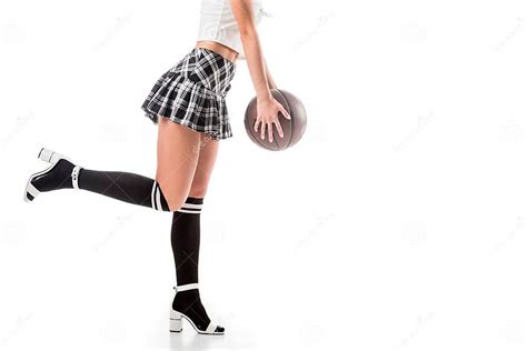 Partial View Of Seductive Woman In Short Schoolgirl Skirt And Black