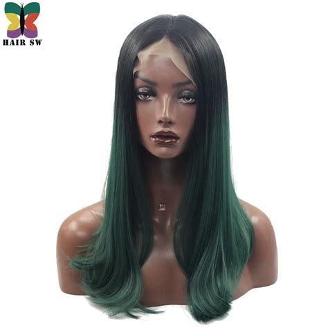 Hair Sw Synthetic Lace Front Wigs Ombre Afro To Dark Green Long Silky