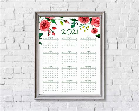 2021 Year At A Glance Calendar Red Roses Printable Calendar Printables By Cottonwood Whispers