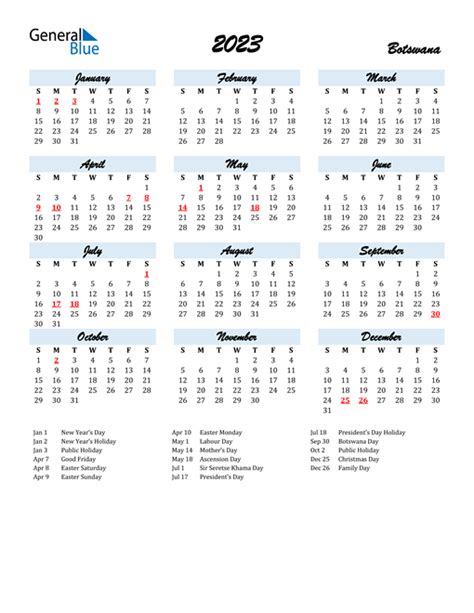 2023 Botswana Calendar With Holidays