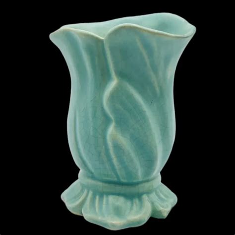 Vintage S S Weller Pottery Lido Style Bouquet Vase Matte Green