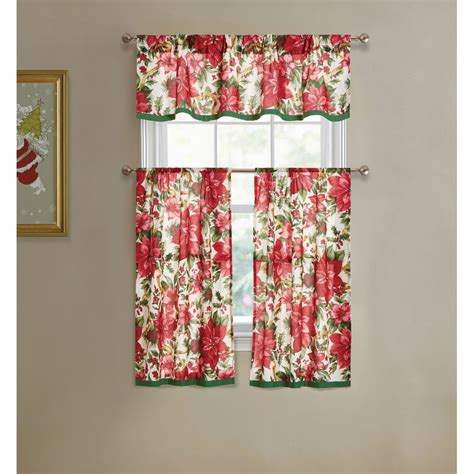 Classic Poinsettia Semi Sheer Complete 3 Pc Christmas Kitchen Curtain