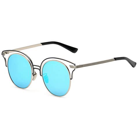 Owl ® Eyewear Sunglasses 86042 C6 Womens Metal Round Designer Silver Frame Blue Mirror Lens One
