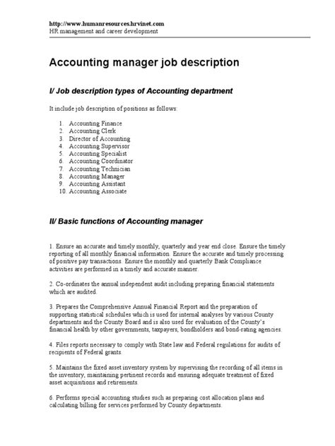 Top duties and qualifications an accounting manager works in a certified public accountant (cpa) firm, financial institution or other company, and their work is essential for maintaining the financial wellness and integrity of an organization. Accounting Manager Job Description | Accounting | Audit