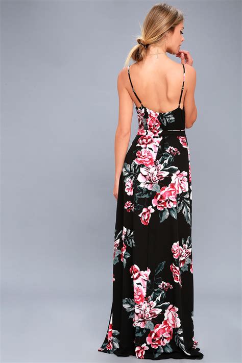 Chic Black Floral Print Dress Wrap Dress Maxi Dress