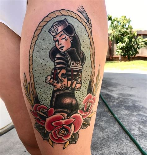 Classic American Traditional Sailor Pinup Tattoo By Sweets Guru Tattoo