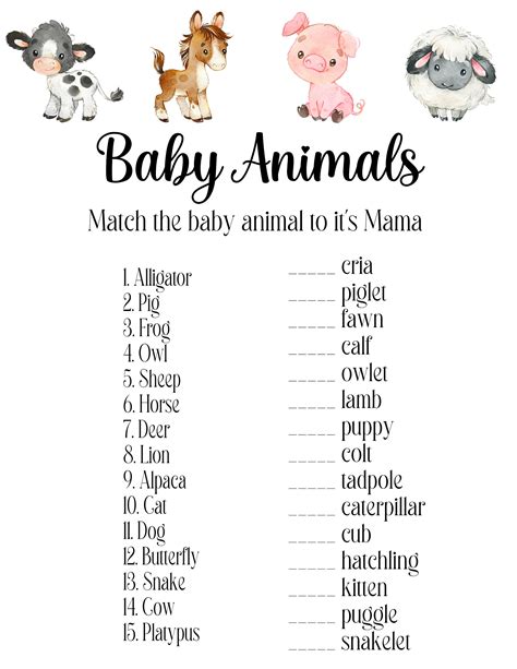 Printable Farm Animal Baby Shower Game Match Baby To Etsy
