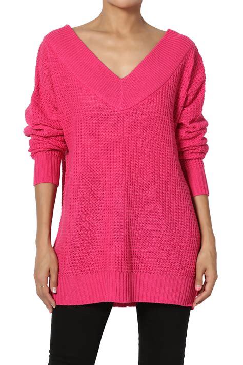 Themogan Themogan Womens Plus Off Shoulder Waffle Knit Wide V Neck Tunic Sweater Pullover