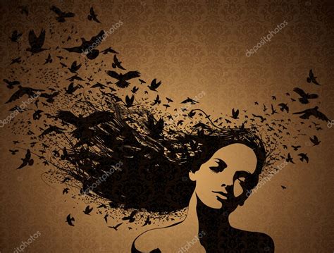 Portrait Of Woman With Birds Flying From Her Hair ⬇ Vector Image By
