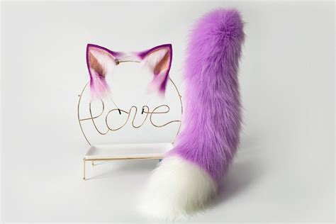 Light Purple Fox Ear And Tail Set Faux Fur Wolf Tail And Ear Etsy