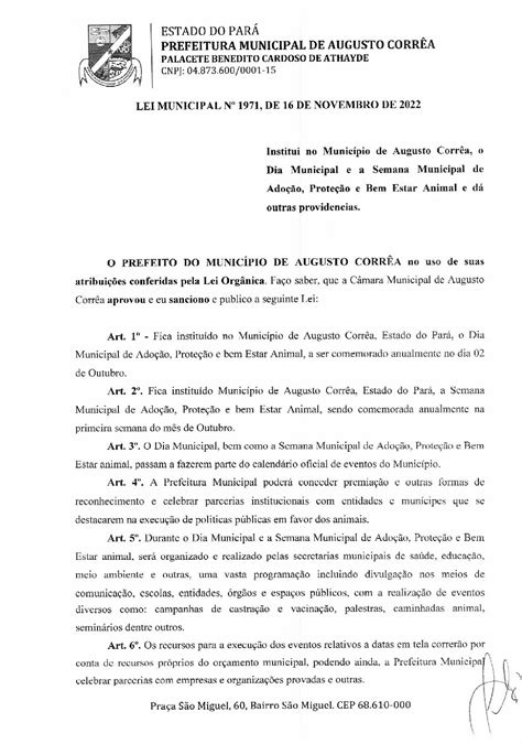 Lei Municipal Nº 1971 De 16 De Novembro De 2022 Dia E Semana De