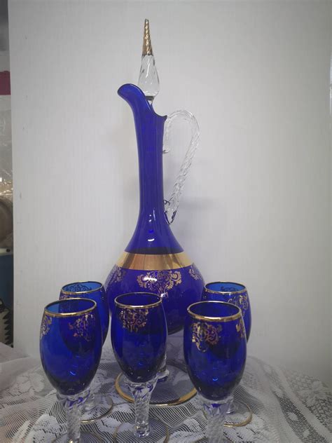 Stunning Cobalt Blue Glass Decanter With Gold Edging Five Etsy