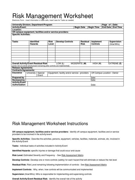 Risk Management Worksheet Special Events Pdf Risk Risk Management