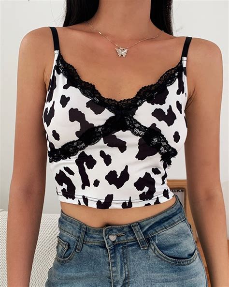 Emmiol Free Shipping 2023 Cow Print Lace Cropped Cami Top Black M In