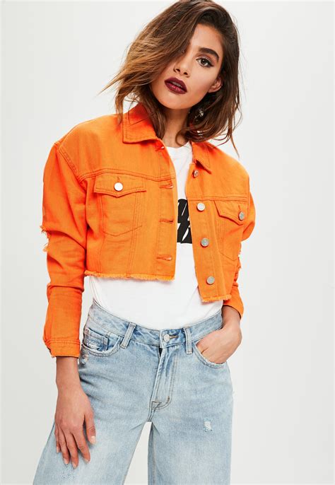 Missguided Orange Cropped Denim Trucker Jacket Lyst