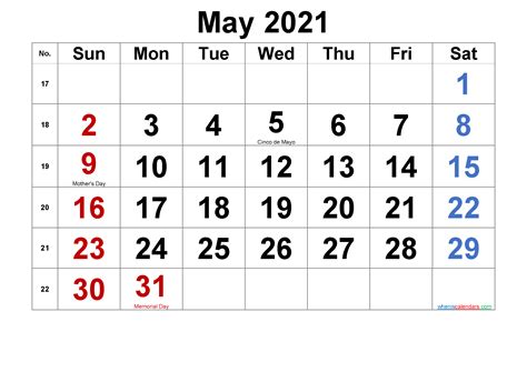 Free Printable May 2021 Calendar With Holidays