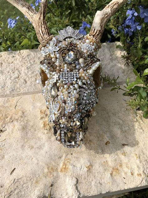 Rhinestone Deer Skull With Antlers Hand Set With Crystals Etsy Deer