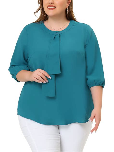 Unique Bargains Womens Plus Size Blouse Round Neck Work Ruffle Chiffon