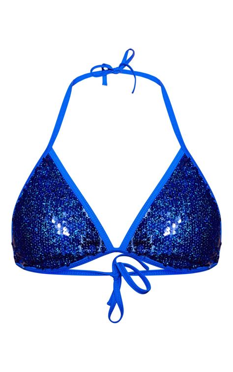 Cobalt Sequin Triangle Bikini Top Swimwear Prettylittlething