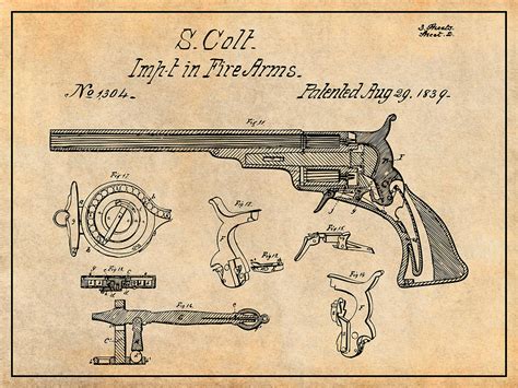 1839 samuel colt paterson revolver patent print antique paper drawing by greg edwards fine art
