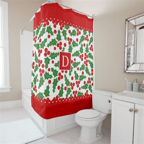 Holly Berry Scalloped Borders Monogram Christmas Shower Curtain Zazzle