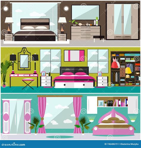 Bedroom Interior Banners Set In Flat Style Vector Illustration Stock