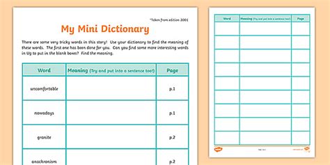 Free Mini Dictionary Writing Template To Support Teaching On Ug