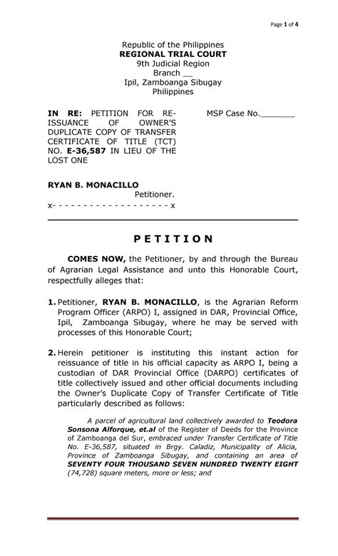 Reissuance Of Title And Judicial Affidavit Ryan Copy Republic Of