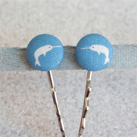 Narwhal Fabric Covered Button Bobby Pin Pair
