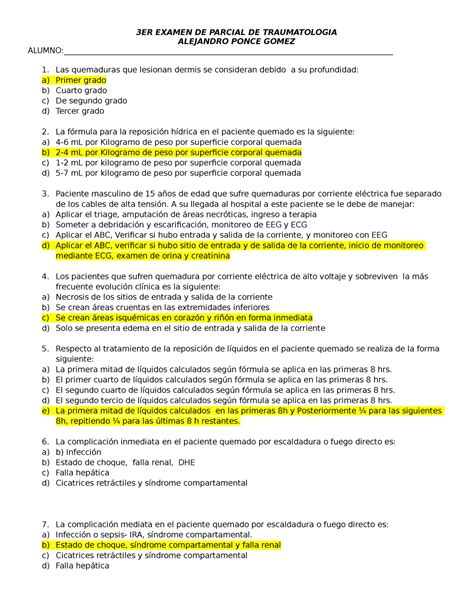 Examen Marzo Preguntas Y Respuestas Er Examen De Parcial De Traumatologia Alejandro