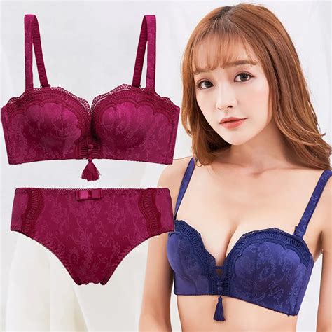 Lace Sexy Seamless Push Up Bra Sets Underwear Women Thick Gather Lingerie Ladies Floral Bra