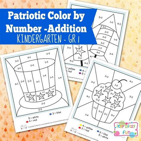 Preschool worksheets printables for preschoolers. 4th of July Color by Number Addition Kindergarten Worksheets - itsybitsyfun.com