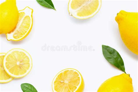 Frame Made Of Fresh Lemon With Slices And Leaves Isolated On White