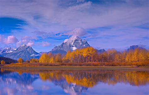 Wallpaper Autumn The Sky Clouds Snow Trees Mountains Nature Lake