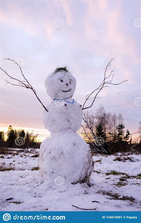 An Ugly Snowman With Raised Arms Branches Stands In A Snowy Meadow At